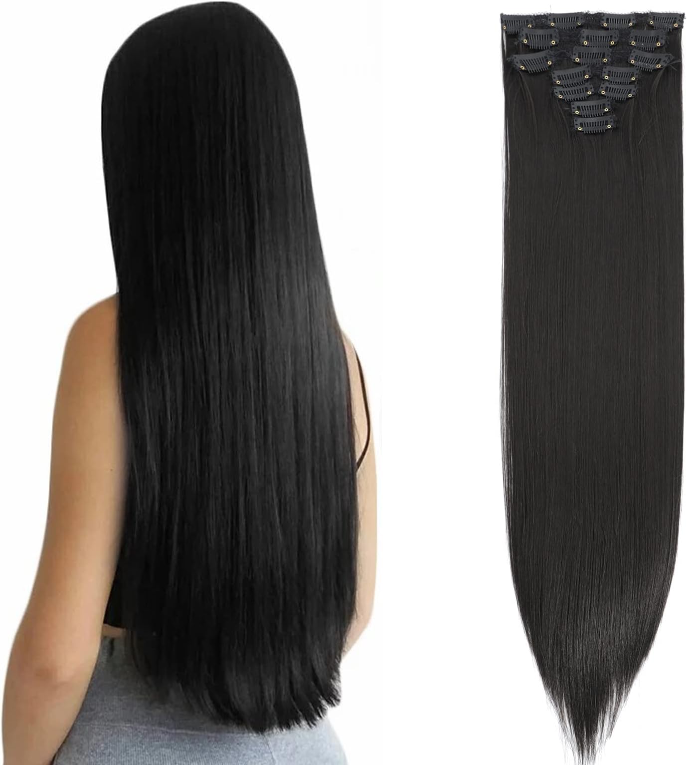 Straight Clip In Hair Extensions 24 Inches for Black Women, 7 Pieces/Set Hairpieces Heat Resistant Synthetic Fiber Double Weft Hair Extensions Natural Black Color