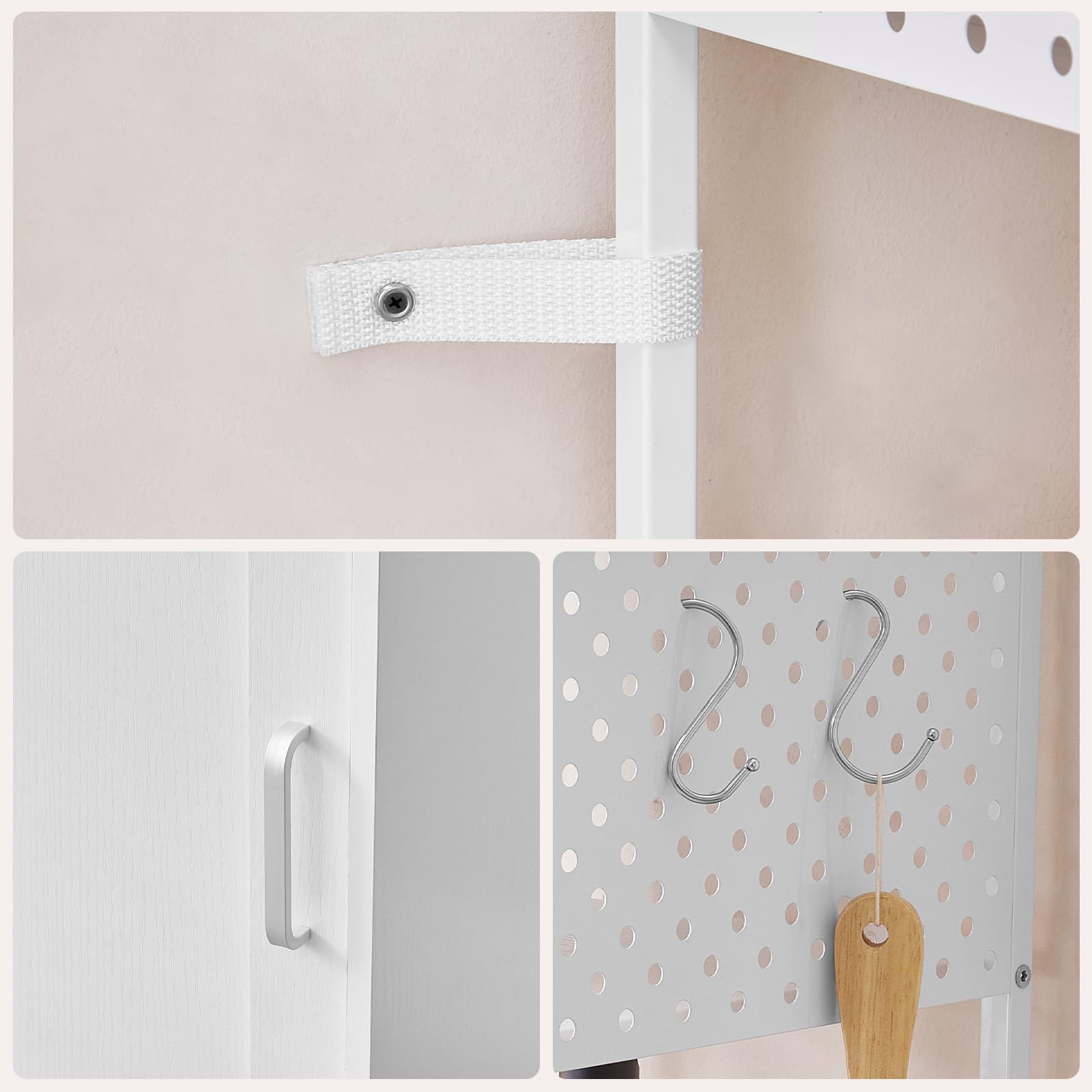 HOOBRO Armario de Baño, Mueble de Pie Alto y Estrecho con 3 Estantes, 1 Compartimento Abierto y 1 Taquilla, Estante con Rejillas y 4 Ganchos, para Baño, Pasillo, Cocina y Sala, Blanco EWT144CW01
