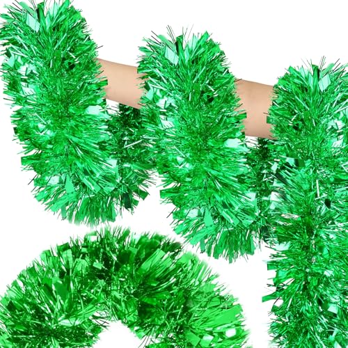 Image of 50FT Green Christmas Tinsel Garland - Metallic Tinsel Glitter Twist Garland Hanging Streamers for Indoor Decor, Xmas Tree Garlands Decorations