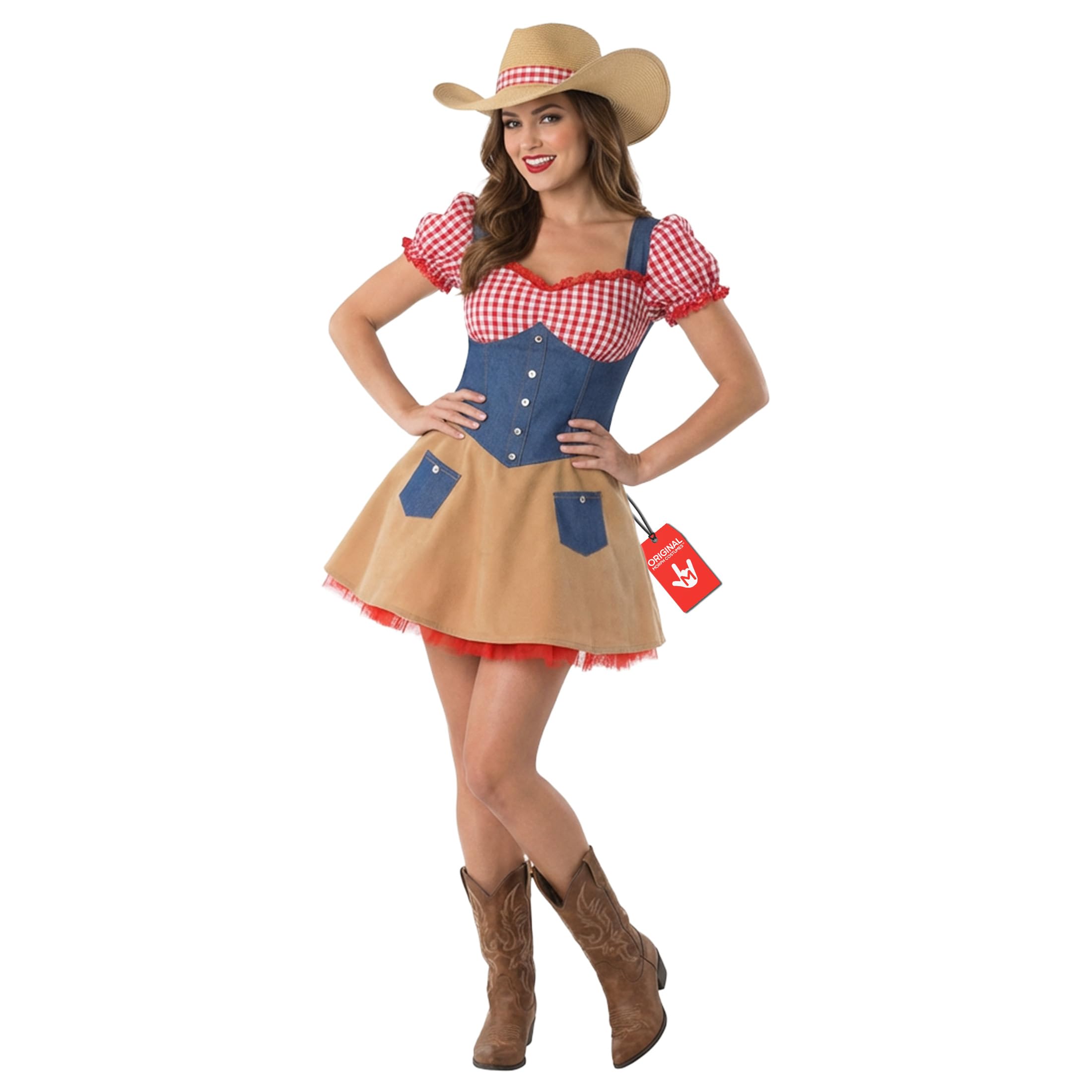 Fun Shack Brązowy strój kowbojki damski sukienka western z kapeluszem wzór kratka i dżinsowa tkanina