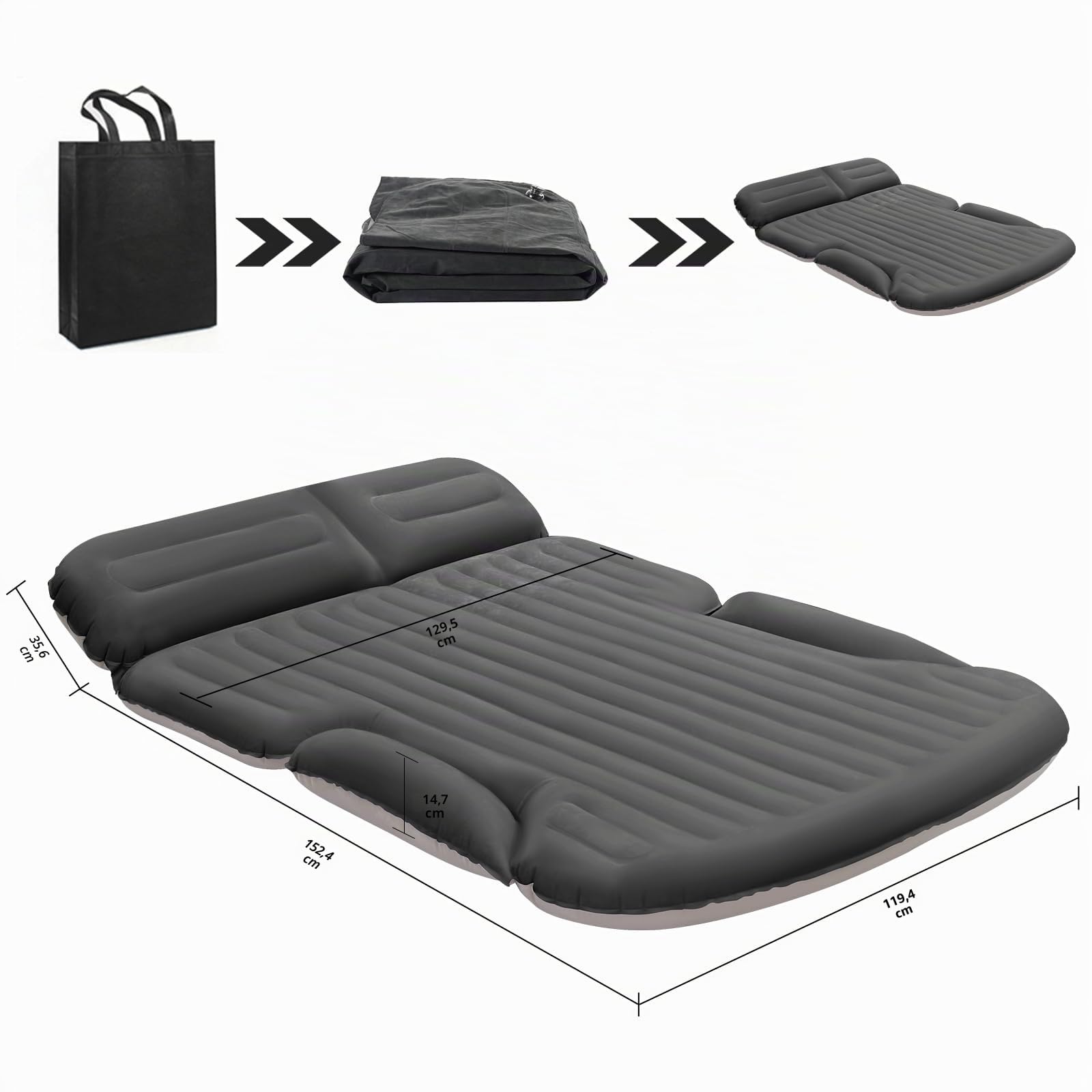 KMZ Matelas gonflable pour SUV épais et double face floqué avec 2 oreillers et pompe électrique Coussin mobile dédié pour coffre de SUV et siège arrière (gris foncé)