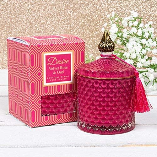 LEONARDO New Desire Velvet Rose and Oud Scented Soy Wax Candle in Artisan Glass Lidded Jar Holder with Presentation Box