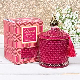 LEONARDO New Desire Velvet Rose and Oud Scented Soy Wax Candle in Artisan Glass Lidded Jar Holder with Presentation Box