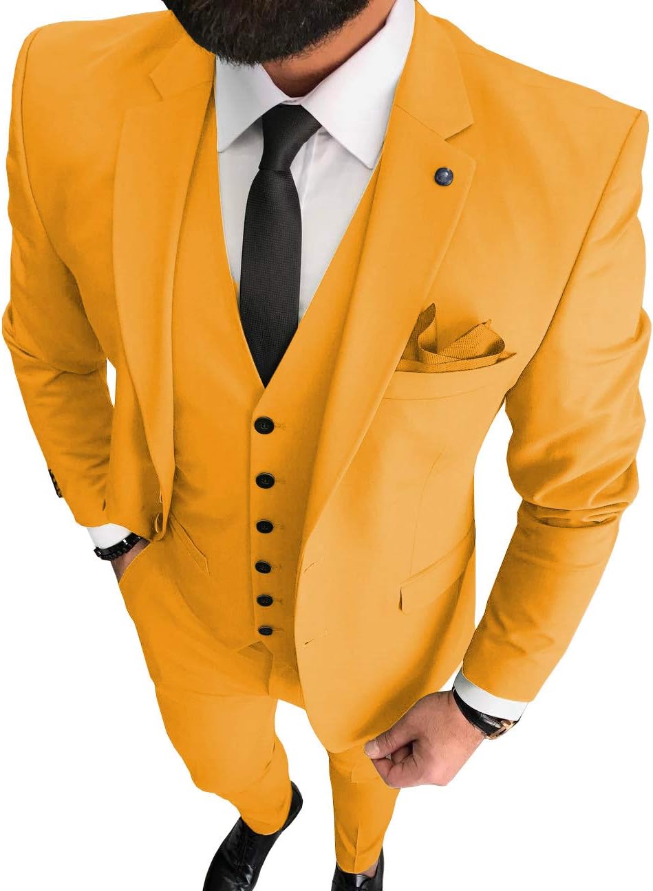 Aesido Casual Men's Suits Regular Fit Business Tuxedos Solid Notch Lapel 3 Pieces Blazer+Vest+Pants for Wedding(Yellow,3XL)