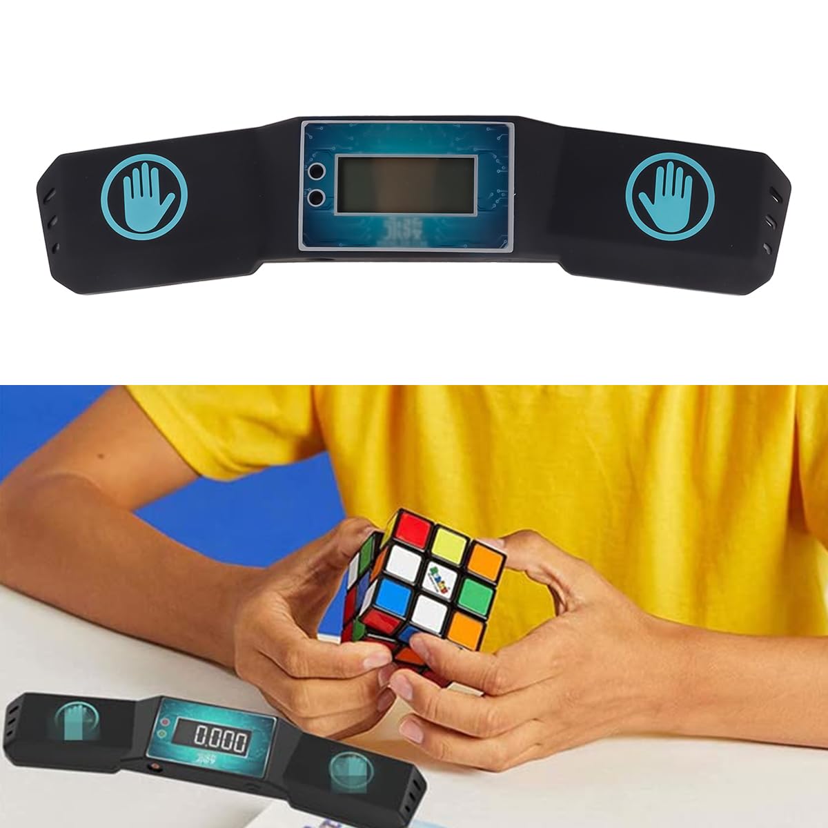 Temporizador de competición de velocidad negro para cubos apilables con pantalla táctil y equipo de carreras de rompecabezas.