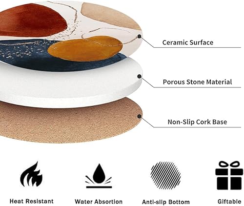 Miniatura 3 de Juego de 6 posavasos para bebidas, color terracota, azul marino, naranja y dorado, arte abstracto moderno, absorbente, redondo, de cerámica, con