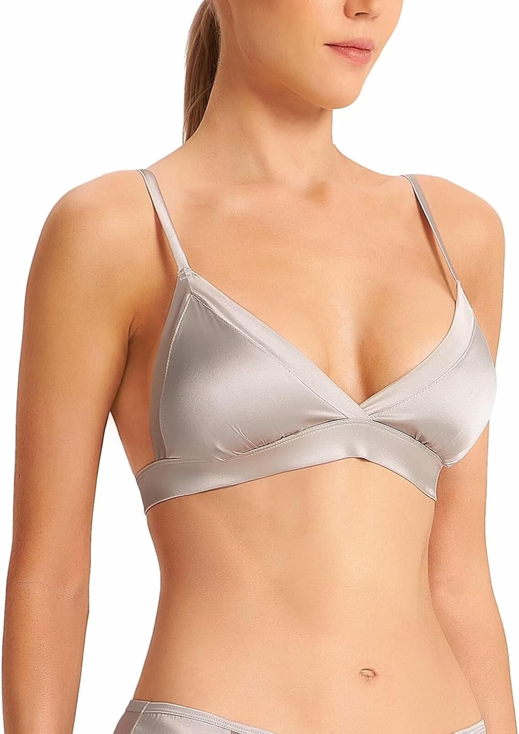 SilRiver Women's Silk Satin Triangle Bralette Soft Cup Wireless Bra with Removable Pad - Image 2