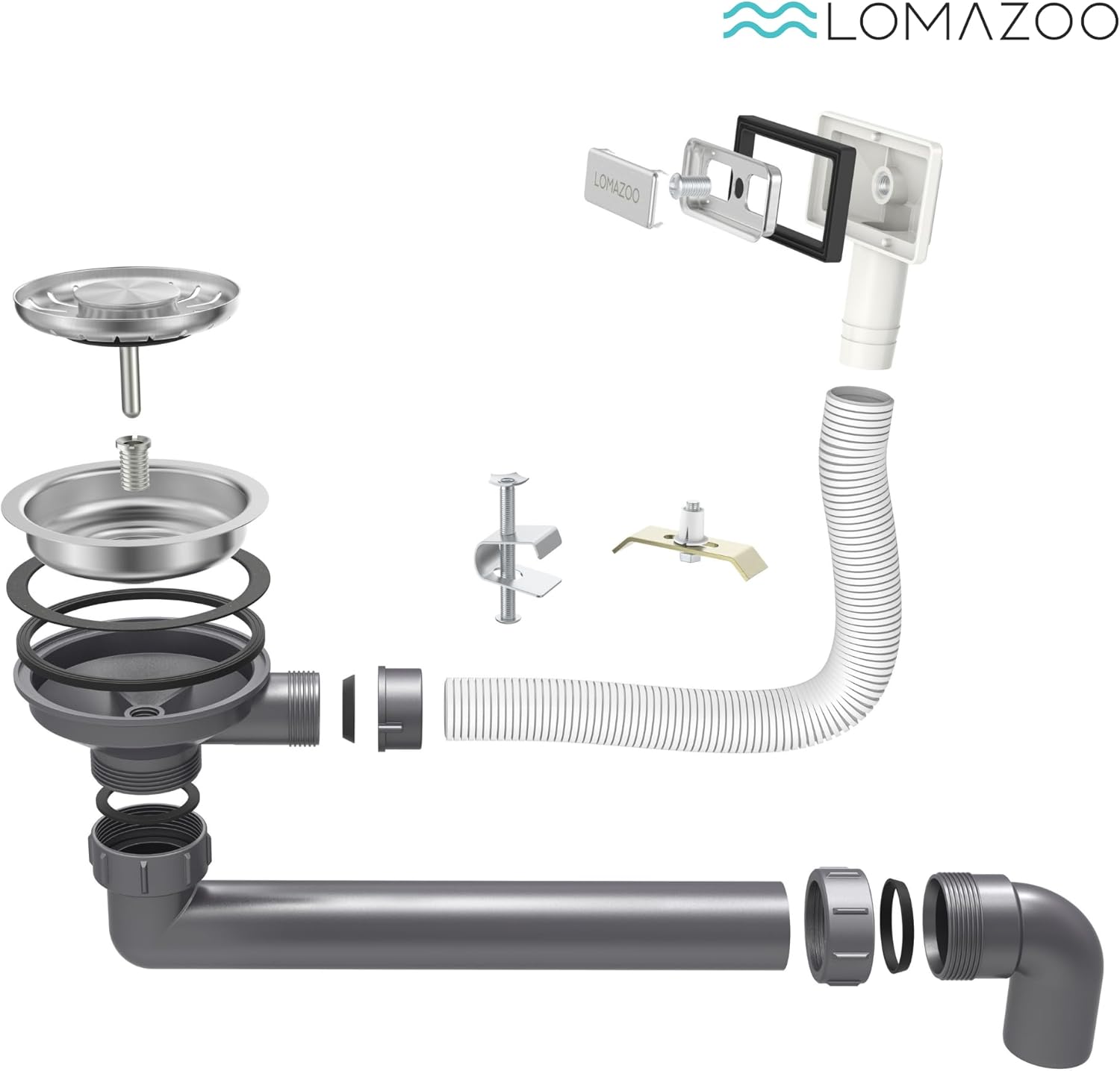 Exploded diagram showing all components included for the LOMAZOO sink installation