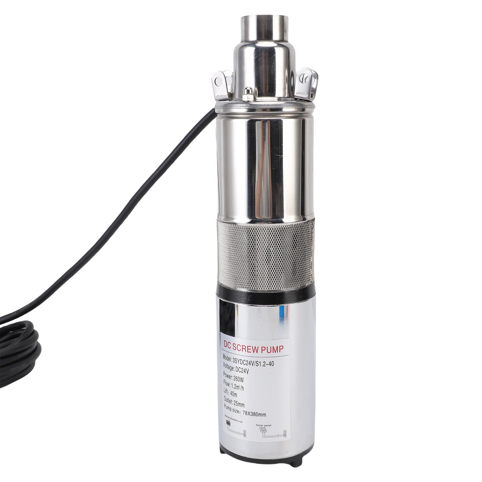Bomba de Agua de Pozo Profundo Bomba Pozo Solar Sumergible 260W 24V 1.2m3/h Tornillo Acero Inoxidable con Cabeza 40m con Cable Alimentación 10m para