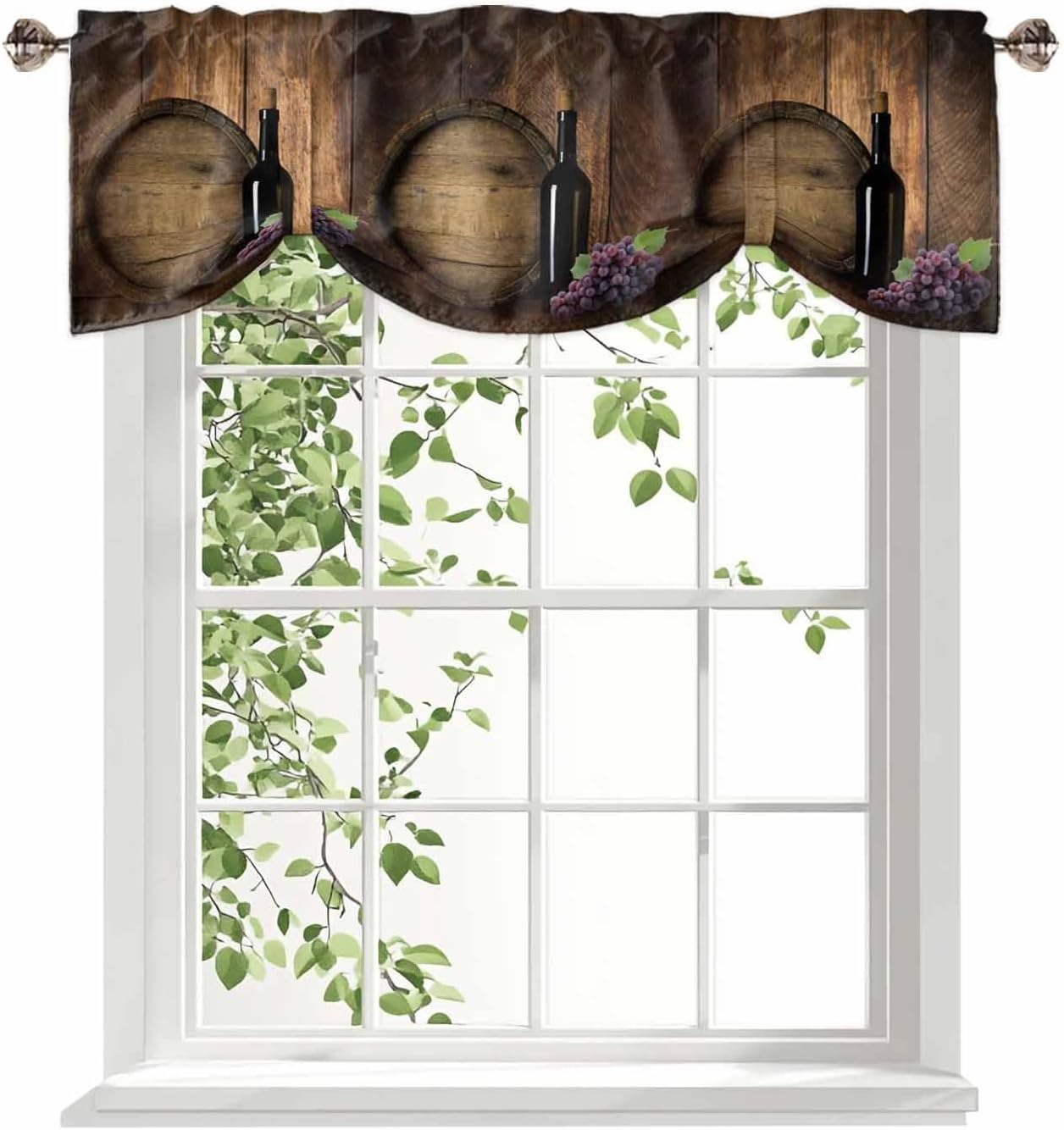 T&H XHome Tie Up Valances for Kitchen Windows, Wine Bottle and Fruit Grape with Wooden Barrel Rod Pocket Curtain Valance Window Topper for Living Room, Adjustable Balloon Drape Valance, 42x12