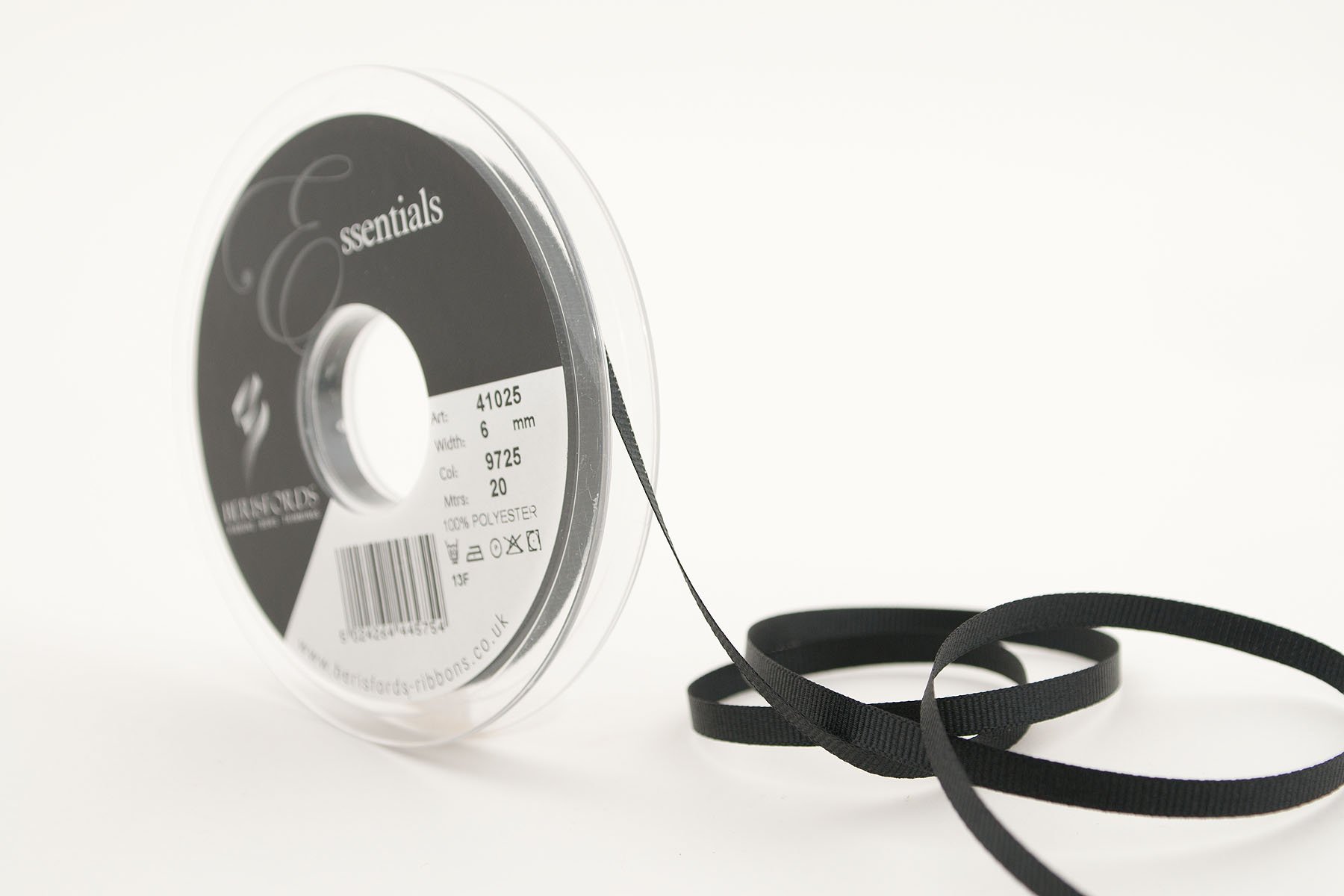Berisfords 41025 20 m x 6 mm Polyester Grosgrain Ribbon, Black