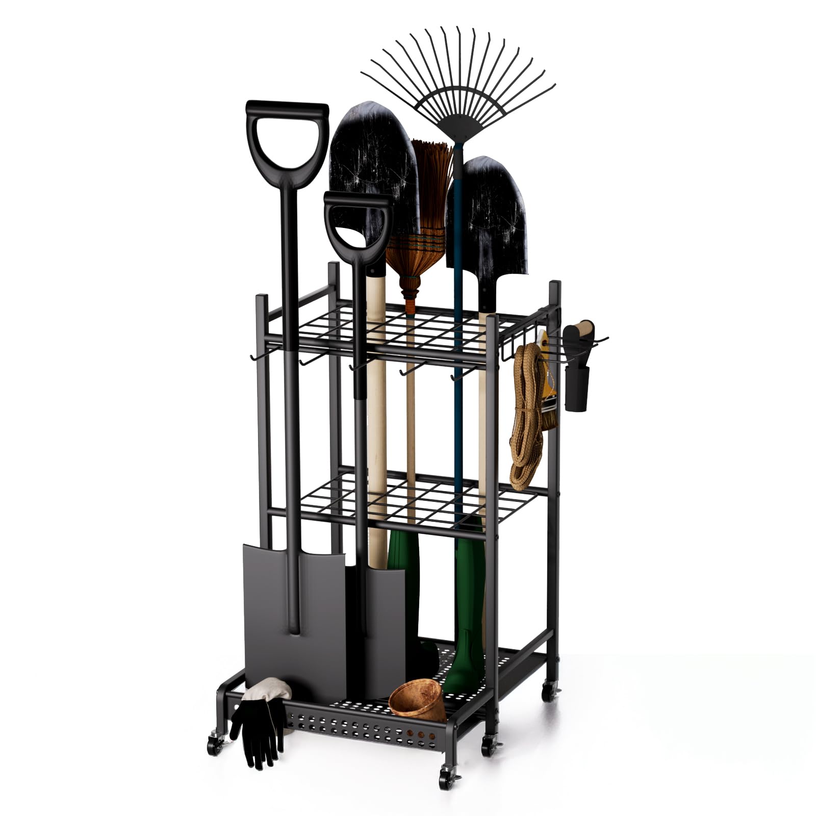 Gartenwerkzeug Organizer mit Rollen, Metall Gartengerätehalter Standregal
