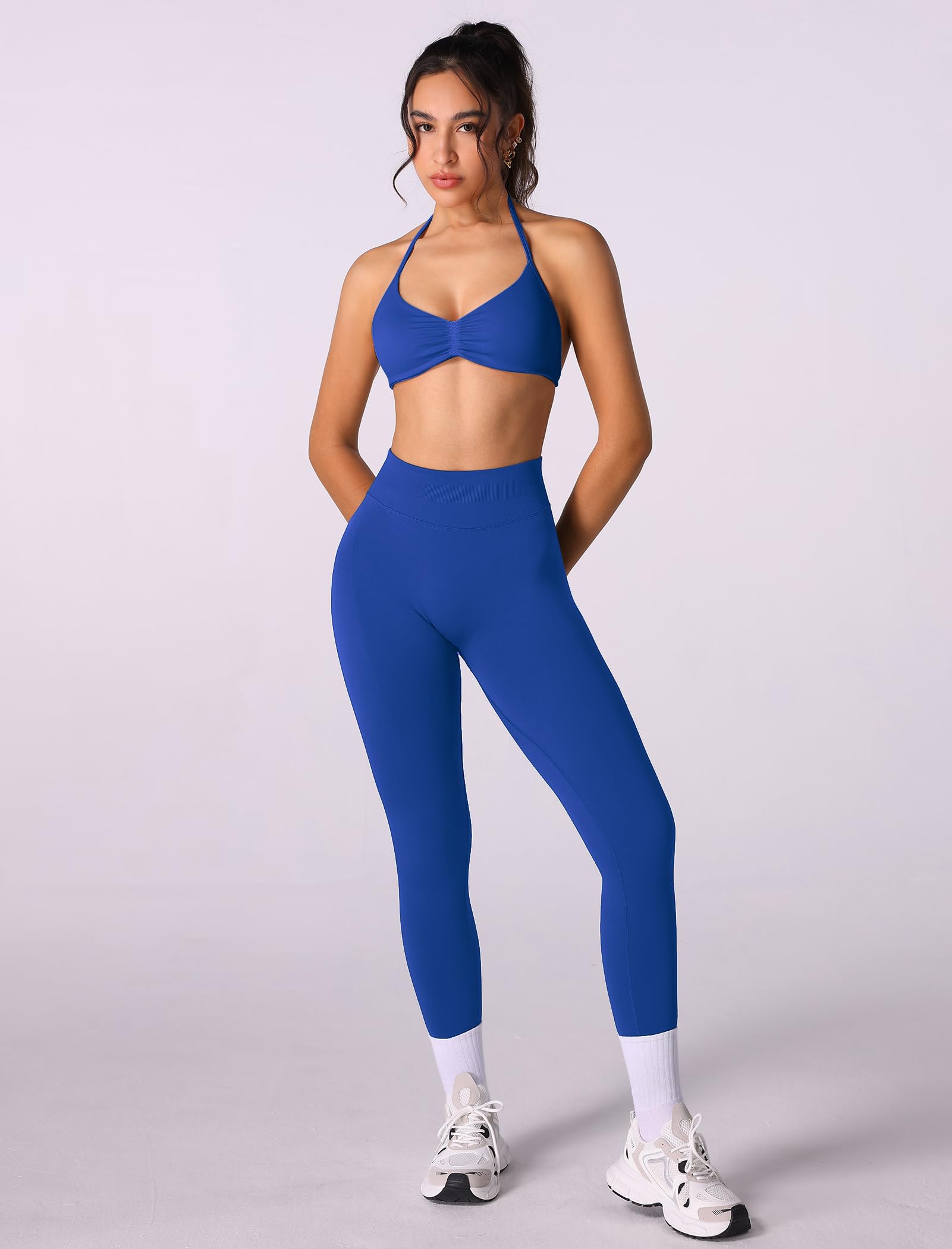 Odizli Set sportivo da donna con allacciatura al collo, reggiseno senza schiena + leggings a vita alta, set sportivo, fitness, palestra, yoga
