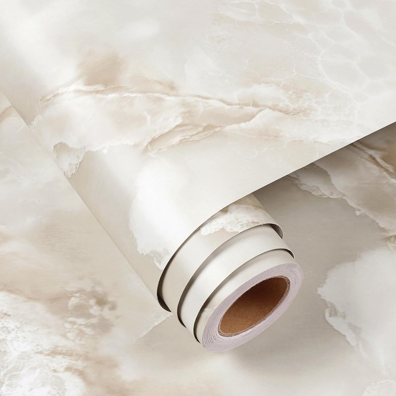 FunStick 60CMx5M Peel and Stick Wallpaper Marble Effect Kitchen Worktop Vinyl Wrap Cream Beige Brown Onyx Marble Wallpaper for Walls Kitchen Counter Vinyl Wrap Sticky Back Plastic for Furniture Tables
