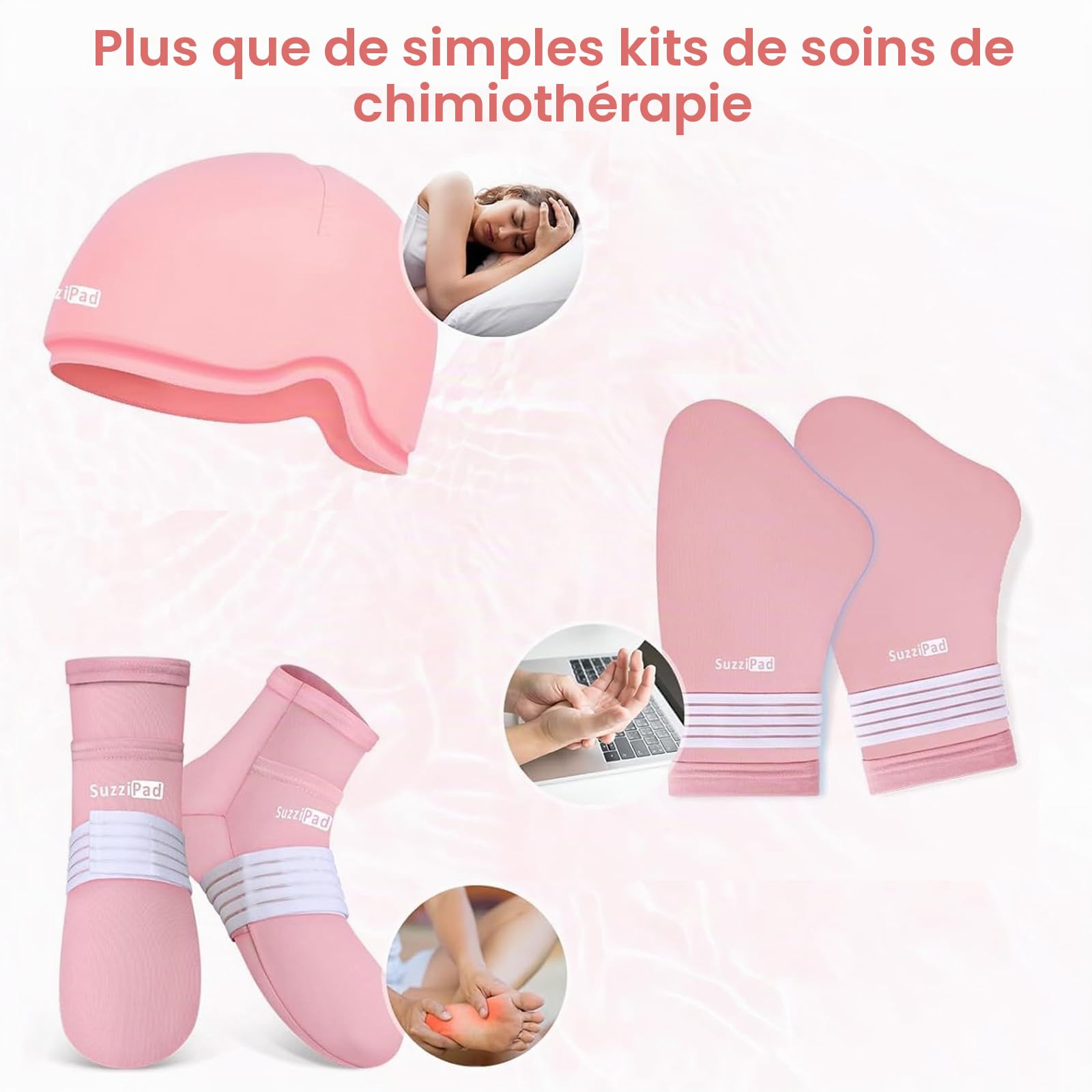 SuzziPad Ensemble de soins de chimiothérapie pour homme et femme, gants rafraîchissants, chaussettes et bonnets froids pour chimiothérapie, idéal pour l'inconfort de la tête, des mains, des pieds, S/M