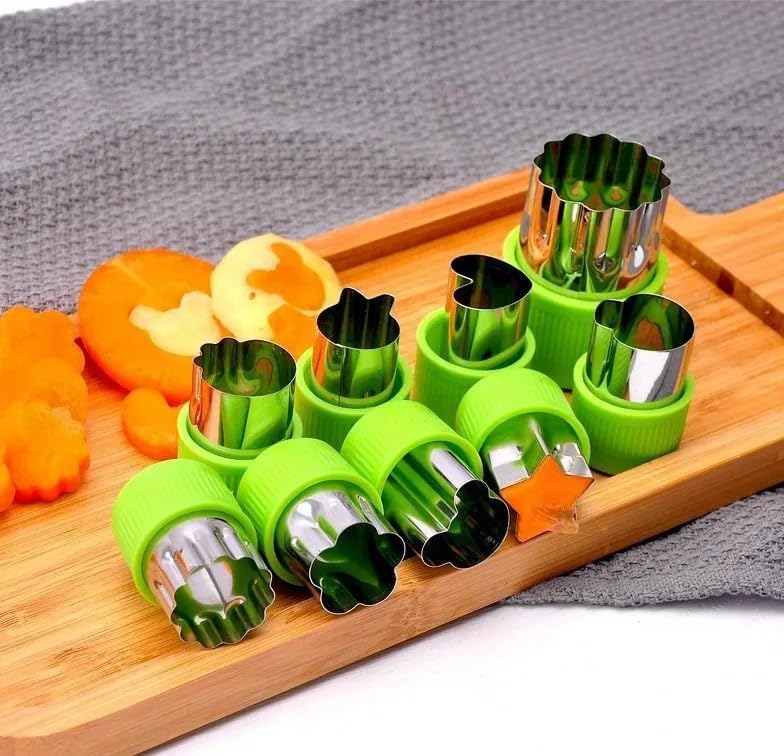 Image of Stainless Steel Vegetable & Fruit Cutter Shapes - 12Pcs Cookie Cutter Set for Kids | Food Decoration & Sandwich Cutter Molds | Fun Kitchen Tool for Bread, Pastry, Bento & Snacks (Green)