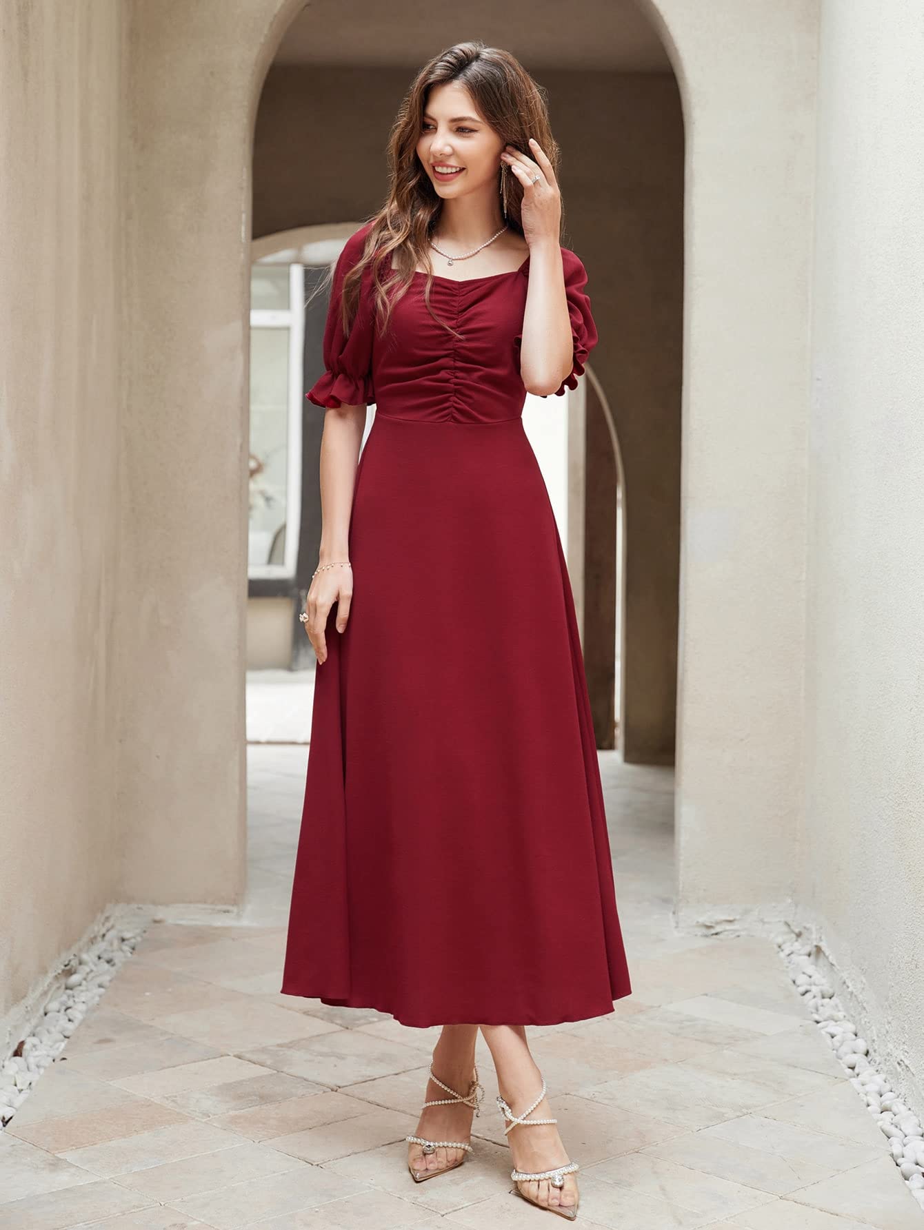 Shasmi Girl's & Women's Solid Maroon A-Line Ruched Puff Sleeve Maxi Long Evening One Piece Long Dress for Women Stylish (Dress 131 Maroon-S) - Image 5 thumbnail