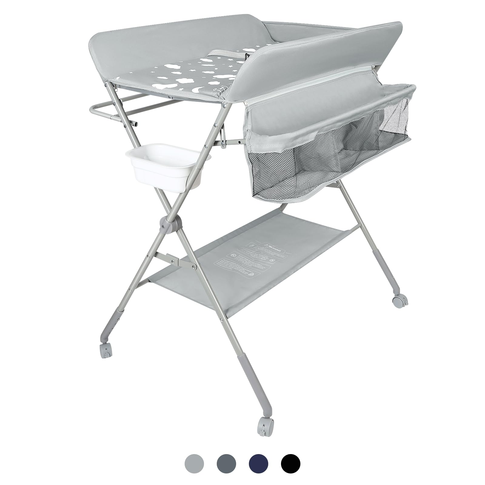 OHMG Table à langer pliante, Pliable et compacte, Table à langer avec panier de rangement, ceinture de sécurité et 4 roues avec frein, Réglable en hauteur