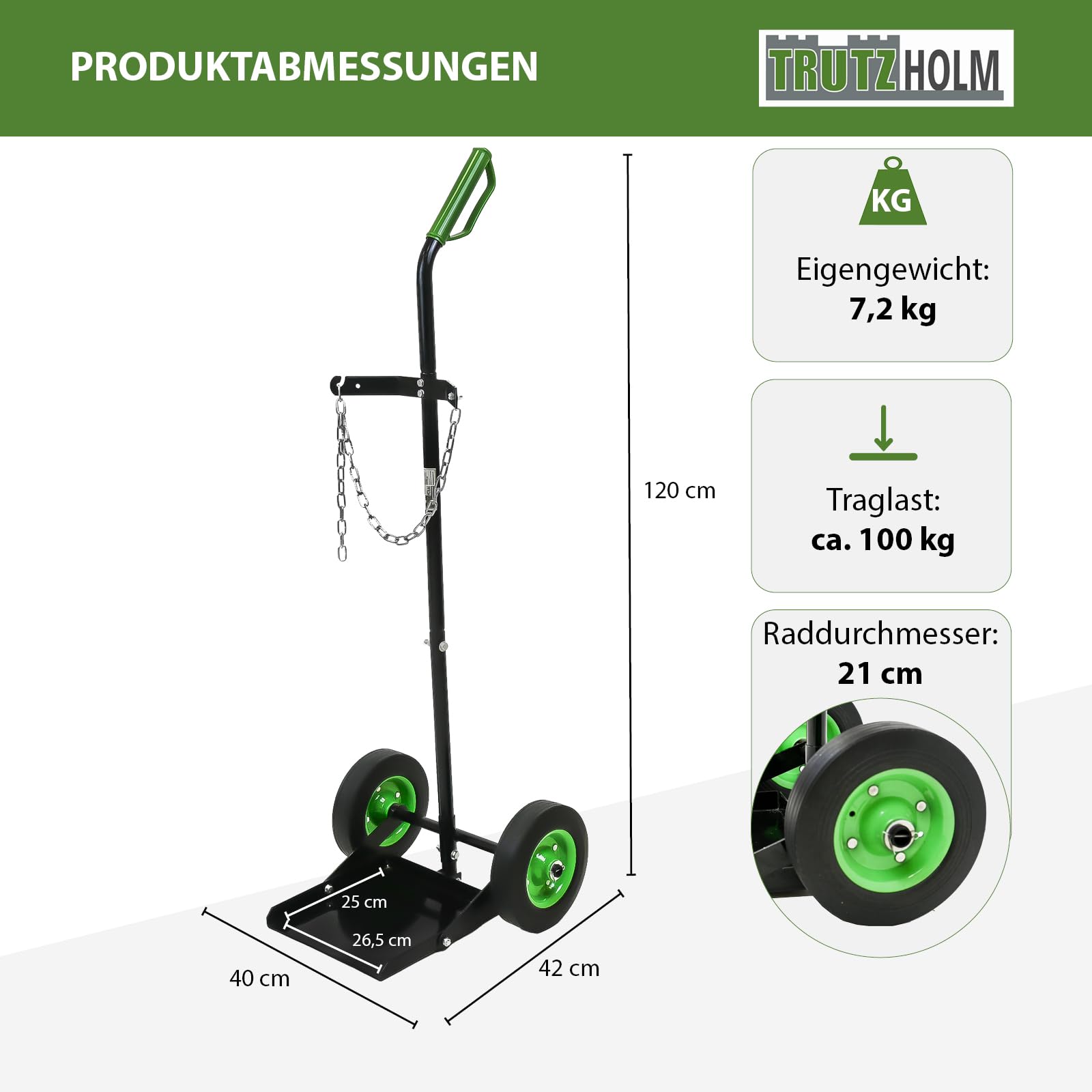 TRUTZHOLM Gasflaschenkarre 100kg Traglast mit Handschutzbügel & Sicherungskette Transport von technischen Gasen Gasflaschenwagen Transportkarre