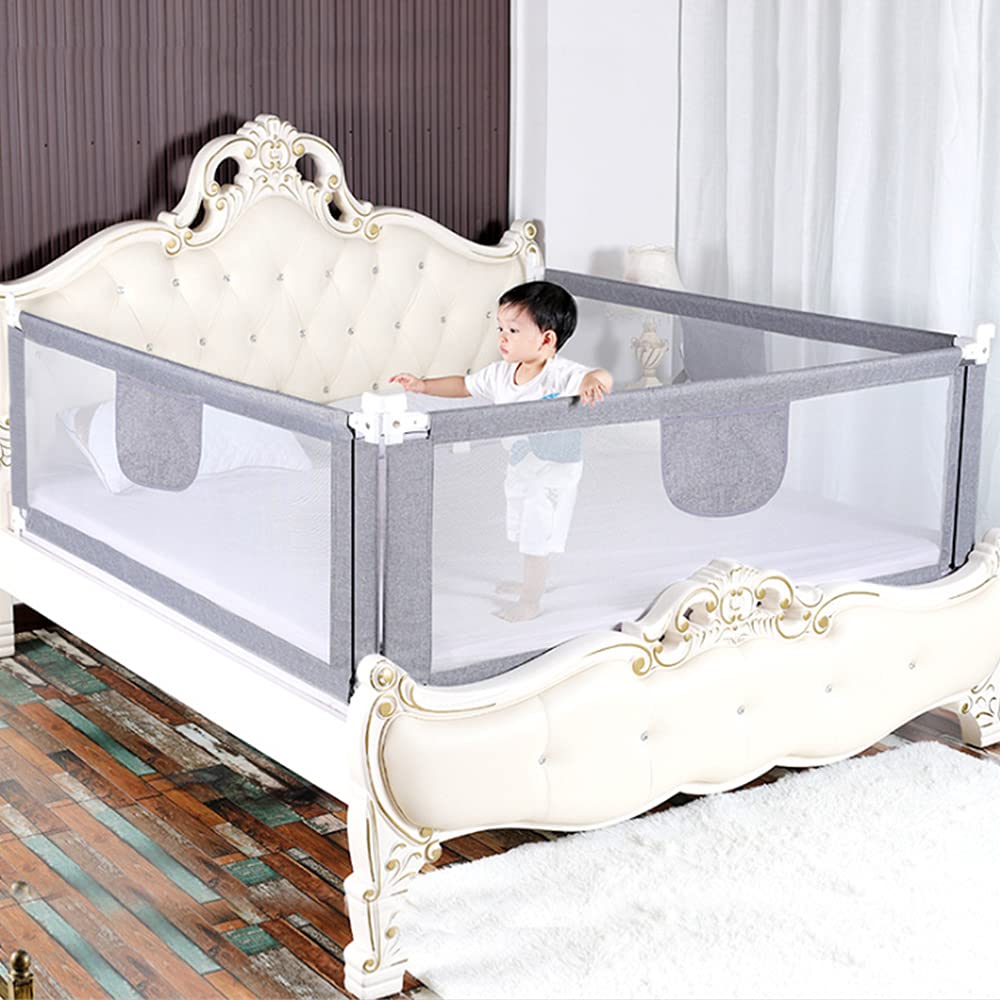 LANTUS Barrière de lit de 200 cm - Protection Contre Les Chutes - Réglable en Hauteur- Barrière de lit pour Tout-Petits - Barrière de lit avec Filet aéré - Sûr, Facile à monter-2m-gris