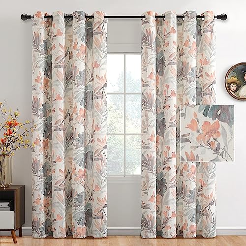 Image of MYSKY HOME Curtains 90 Inch Length Orange Curtains for Living Room Flower Printed Light Filtering Privacy Protect Drapes Set Natural Linen Look Window Treatment Grommet 2 Panels,Coral and Natural
