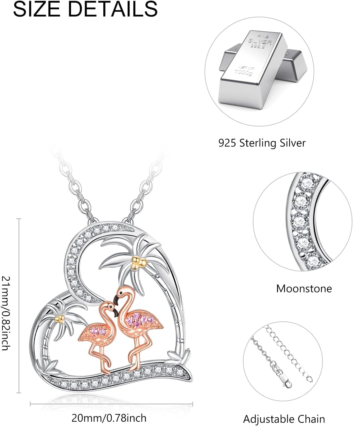 KINGWHYTE Pink Flamingo Necklace 925 Sterling Silver Heart Pendant Necklaces Animal Jewelry Birthday Valentine's Day Gifts for Women - Image 3