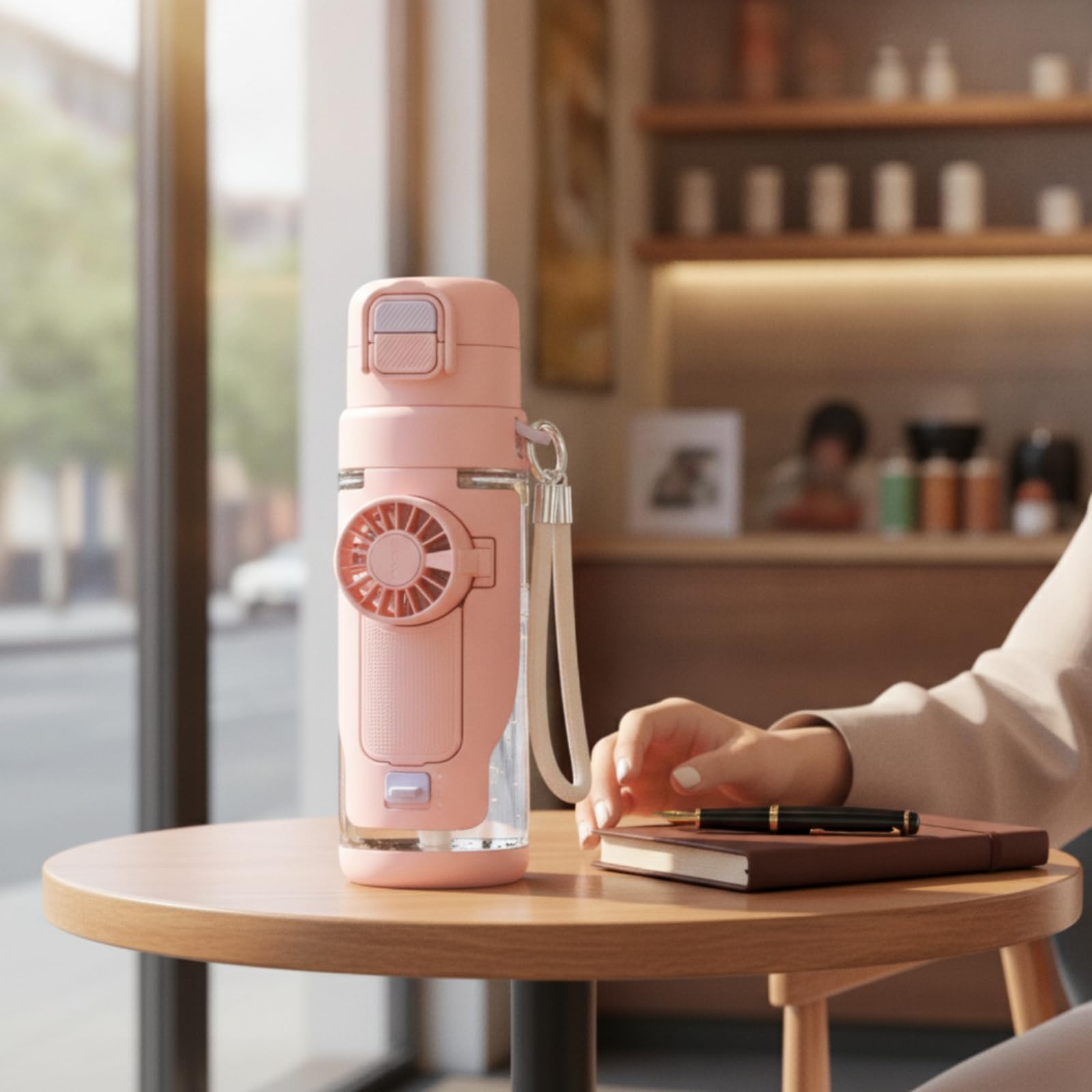 Taza con Ventilador Portátil Taza con Tapa Doble Pitillo Recipien para Niños, Blanco