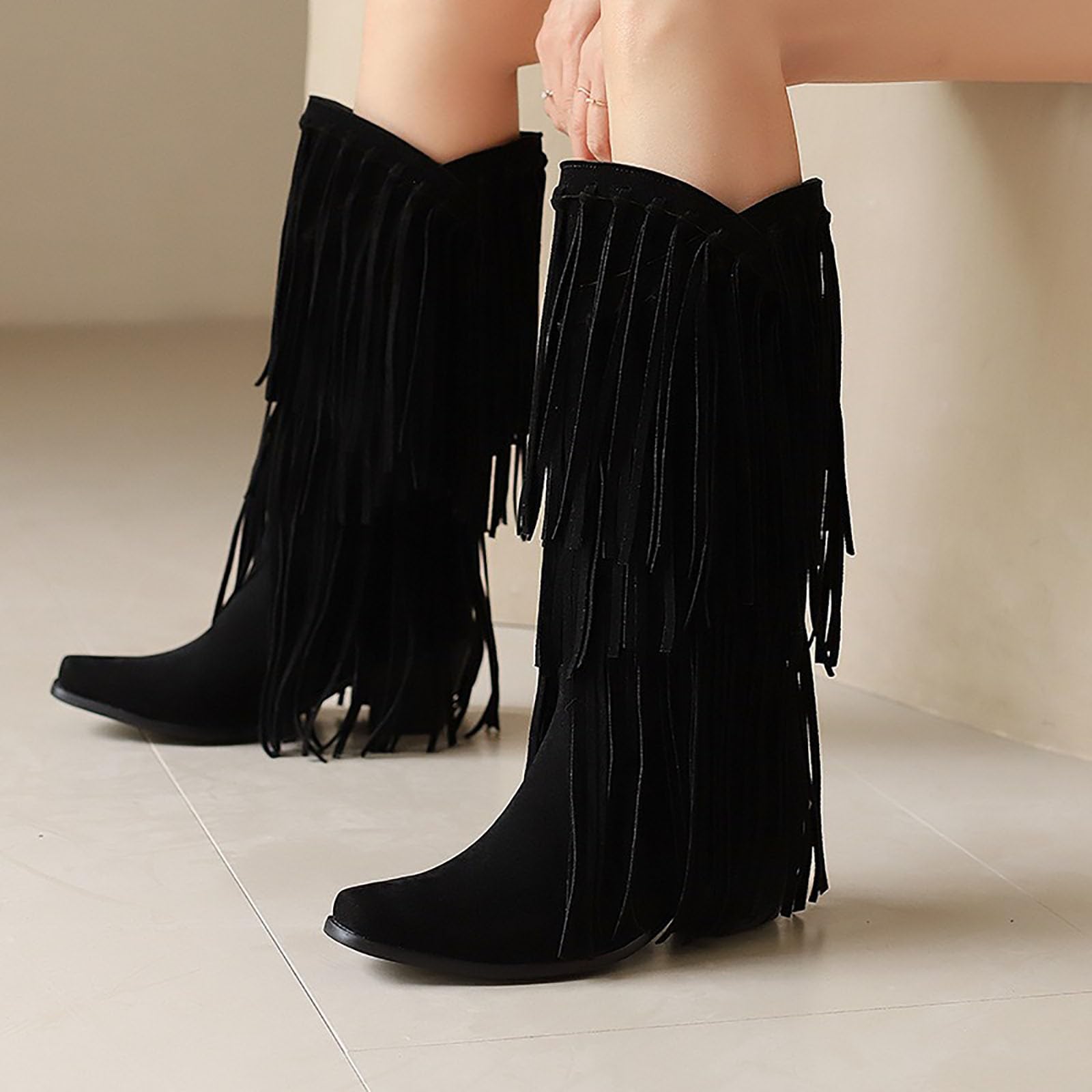 Stivali da cowboy da donna con frange, tacco a blocco, in pelle scamosciata, alti al ginocchio, eleganti stivali lunghi