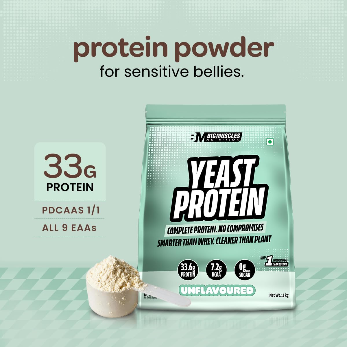 Bigmuscles Nutrition Clean Yeast Protein Isolate (1kg, Unflavoured) | 33g Protein, 7g BCAA | Superior Absorption, Gut Friendly | PDCAAS -1 | Fermentation-Derived — Amazon image 2