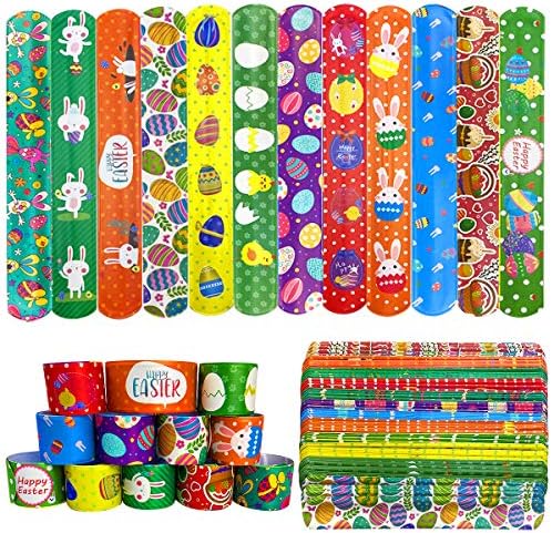 JoFAN 48 PCS Easter Slap Bracelets Toys for Kids Boys Girls Toddlers Easter Basket Stuffers Egg Fillers Gifts Party Favors