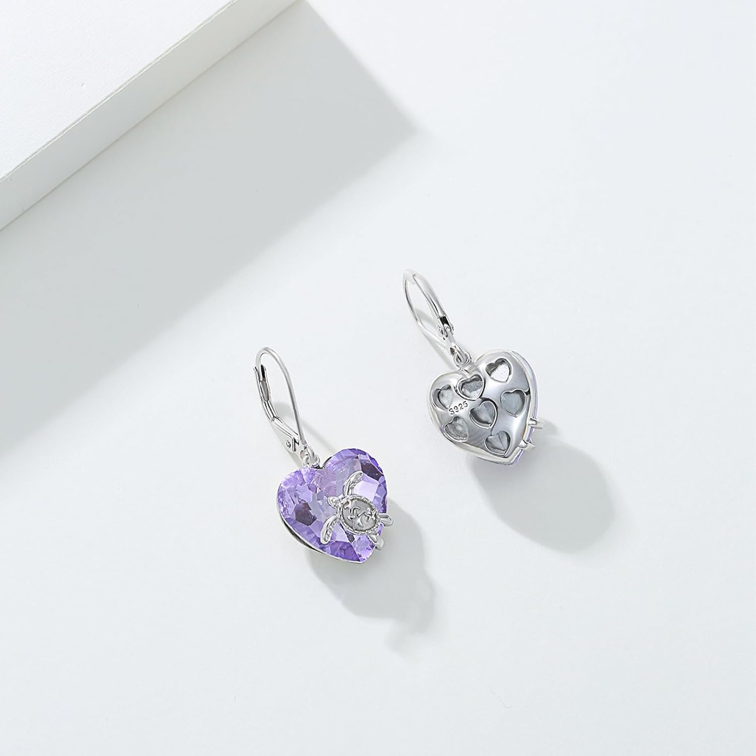 Turtle Earrings for Women Sister 925 Sterling Silver Sea Turtle Dangle Drop Leverback Earrings with Heart Shaped Purple Crystal Animal Ocean Beach Jewelry Gifts for Turtle Lover - Image 6