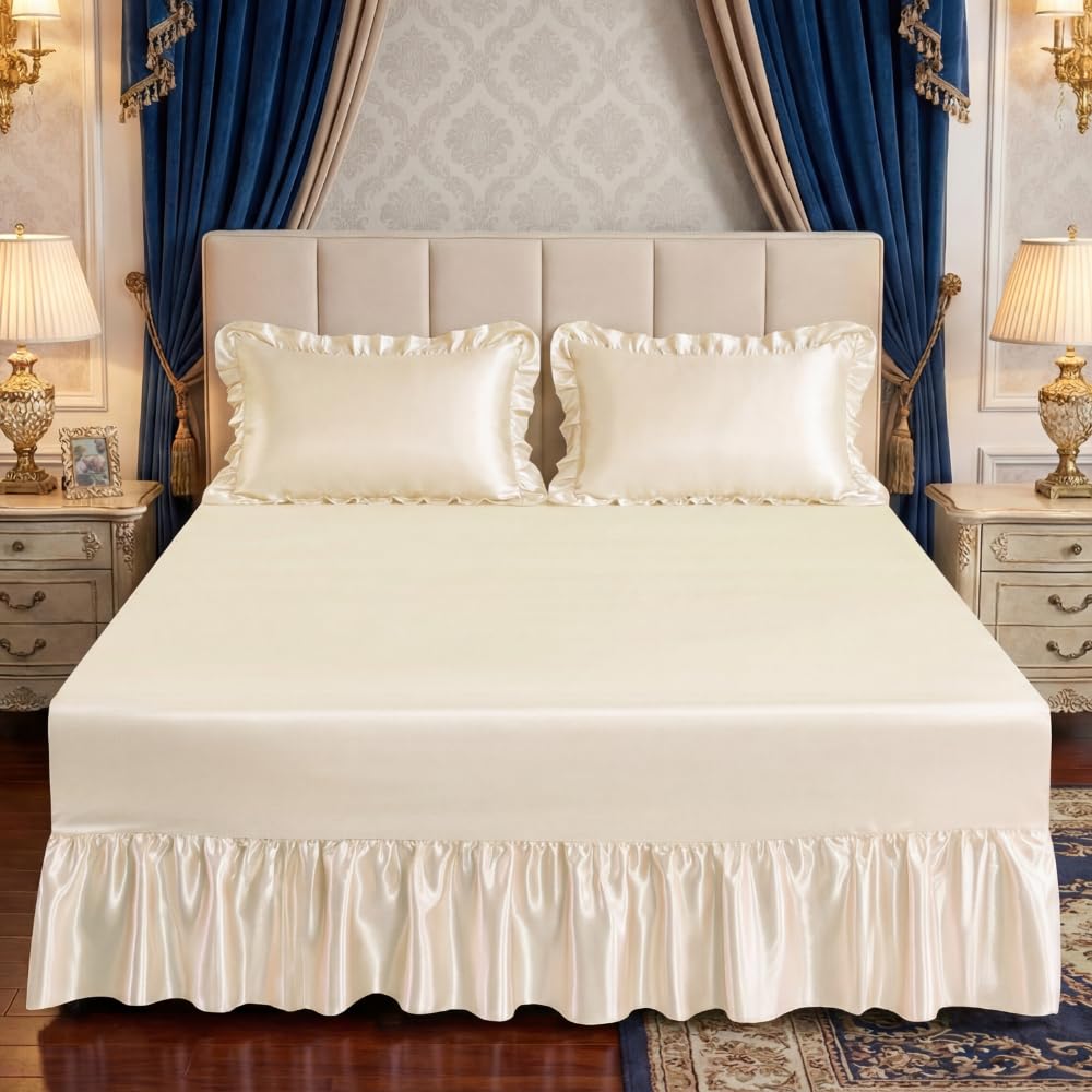 Luxury Satin Silk Valance Sheet 30cm Deep Fitted with 35cm Frill | Smooth Gloss Finish | Single Double King Super King (CREAM, DOUBLE)