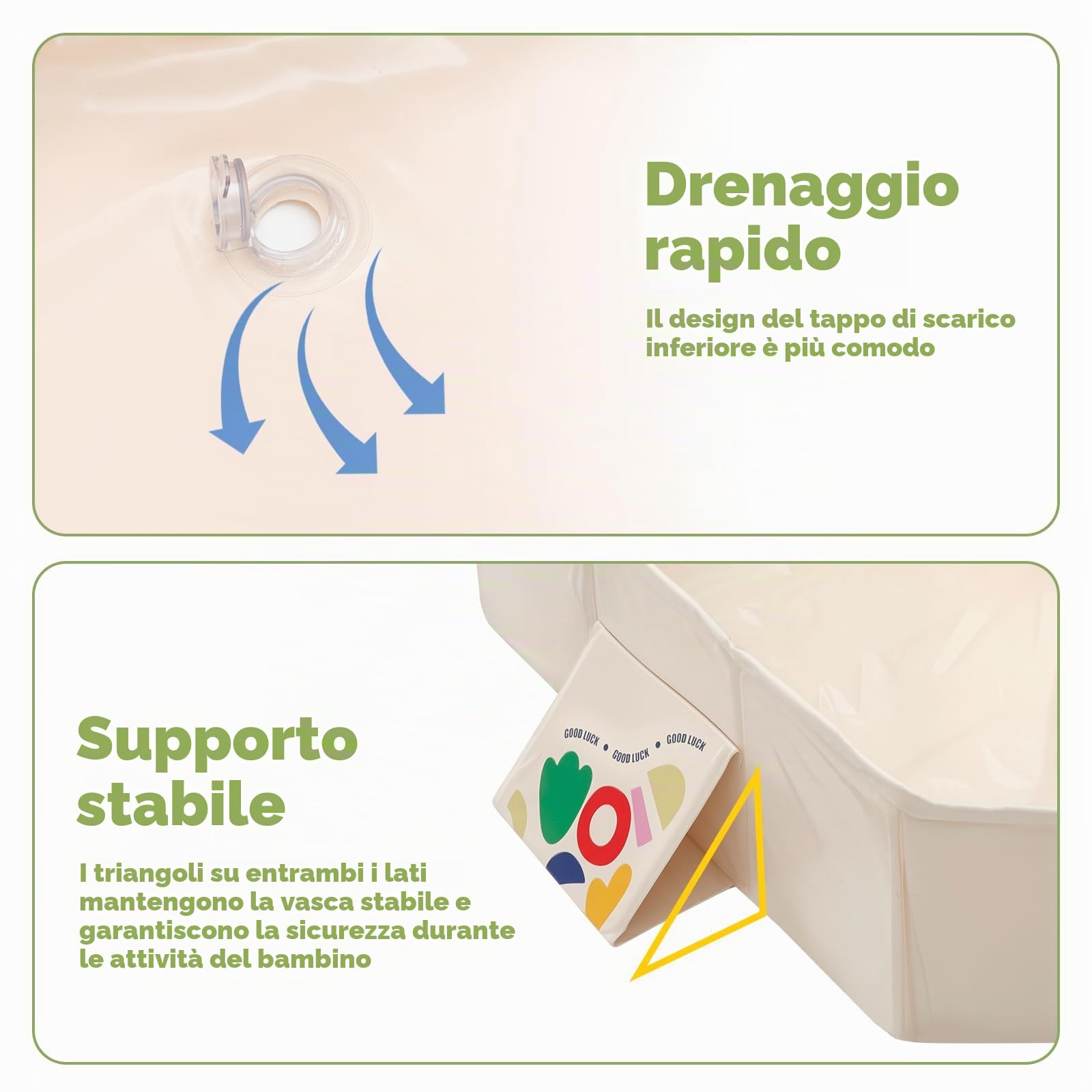 Vasca da bagno pieghevole con 5 palline, 2 anatre, vasca da bagno integrata per bambini con vite di scarico, vasca da doccia portatile, navicella integrata per bambini da 0 a 8 anni