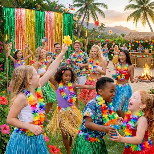 Image of Hawaiian Luau Party Decorations, 2 Packs Tropical Theme Hawaiian Foil Fringe Curtains,3.3 X 6.6 ft Aloha Photo Backdrop Streamers for Tiki Bar Pineapple Summer Beach Pool Party Decor