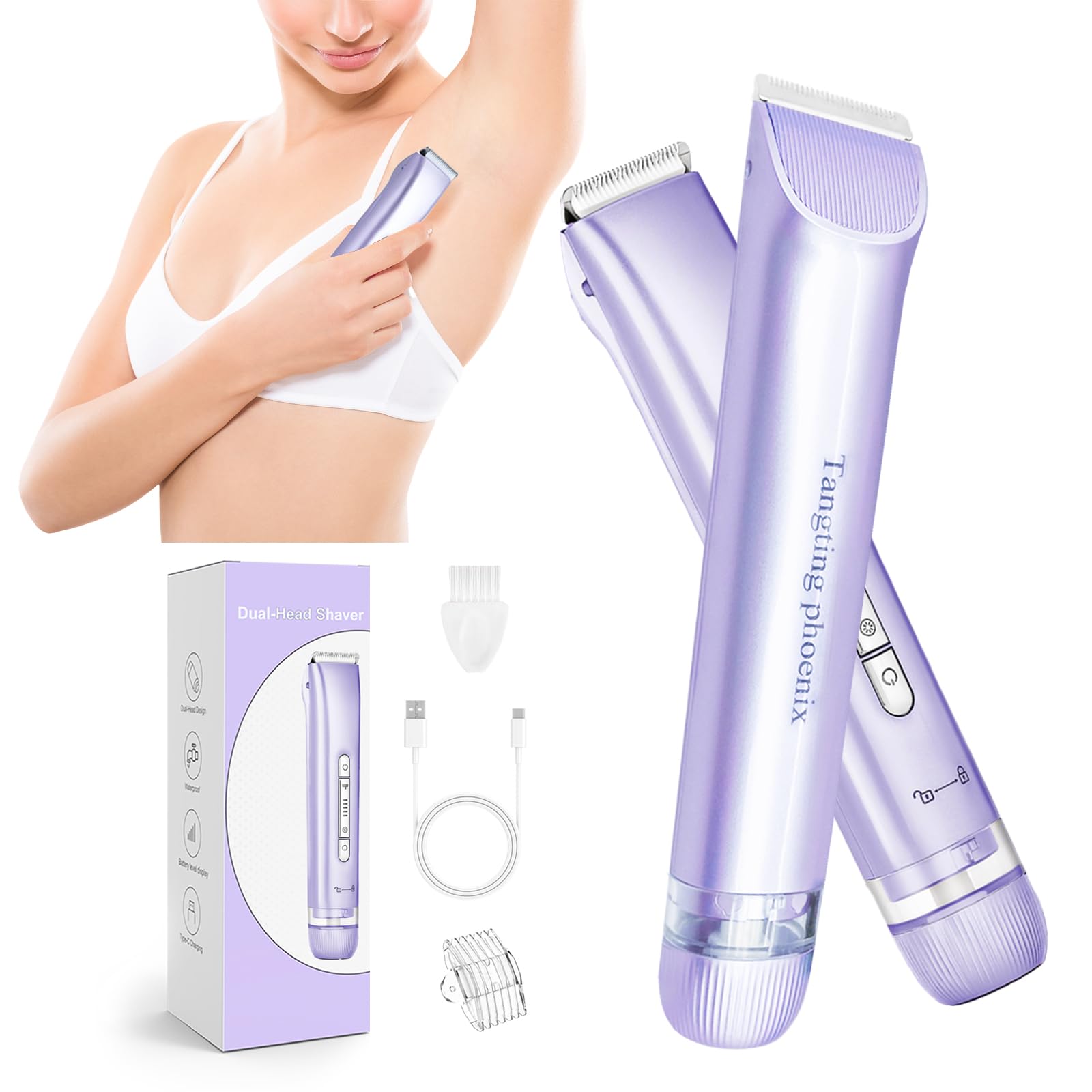 2-in-1 Electric Razor for Women – Painless Bikini Trimmer & Body Shaver, Waterproof, Ceramic Blades, USB-C Charging (Lavender) Lavender Purple