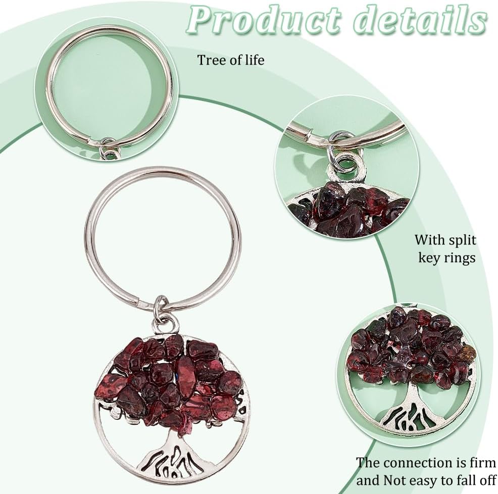 PH PandaHall 32pcs Tree of Life Keychain, 8 Style Natural Crystal Stone Key Chains Gemstone Key Chain Charm Keychain Pendant with Key Rings for Bag Keyring Thanksgiving Teachers Day Mother's Day