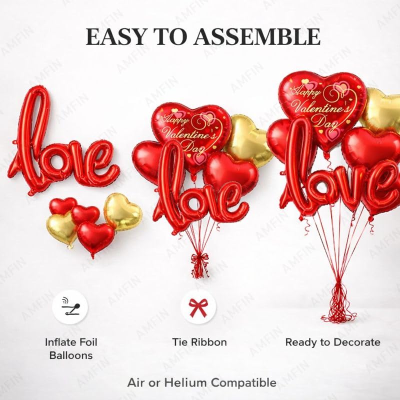 Image of AMFIN (Pack of 7) Happy Valentine Day Foil Balloon Bouquet Love Cursive Heart Romantic Decoration Item - Red Gold
