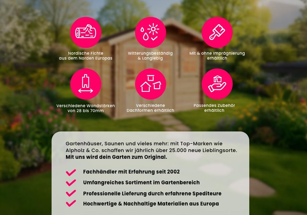 Alpholz 5-Eck Gartenhaus Liwa mit Anbau aus Holz in Naturbelassen mit 28mm Wandstärke und Überdachter Terrasse