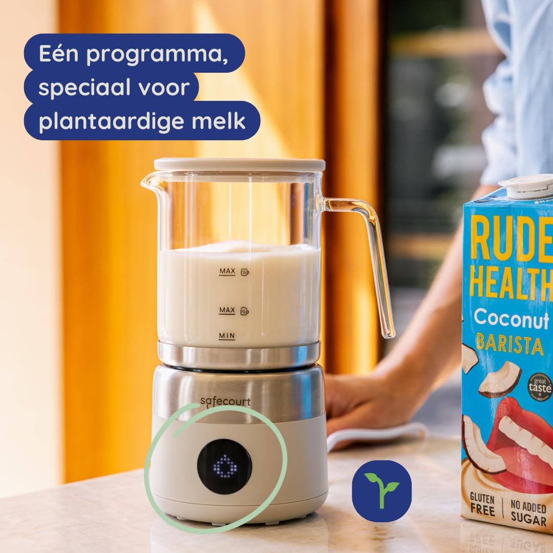 Safecourt Kitchen Milk Frother with plant-based milk carton and indicator light