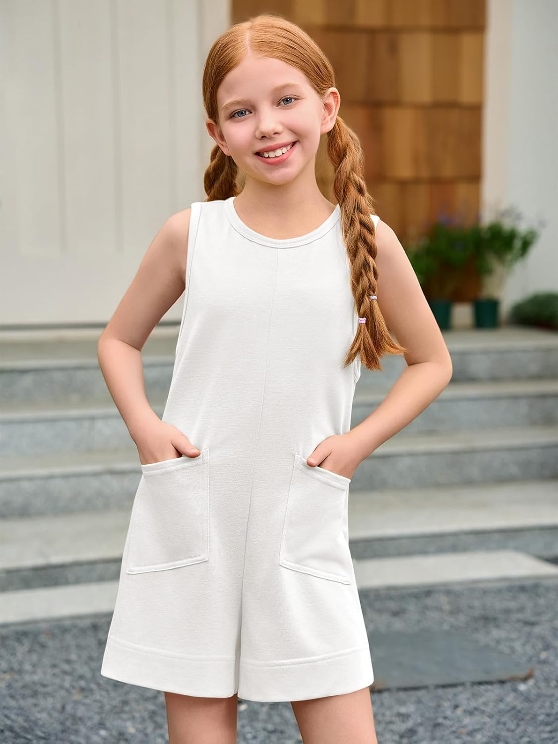 Haloumoning Girls Romper Sleeveless Short Jumpsuits Kids Casual One Piece Summer Outfits with Pockets 5-14 Years - Image 3