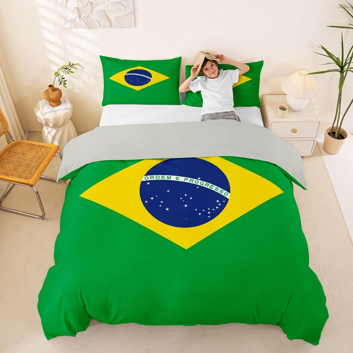 Feelyou Brazil Duvet Cover Full Size Boys Girls Brazilian Flag Bedding Set Breathable Soft World Countries Comforter Cover 3Pcs International Flag Bedroom Decor Soccer Sports Game