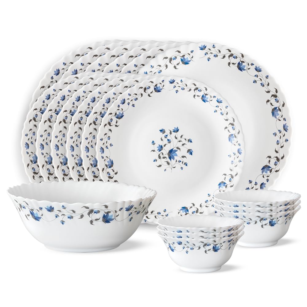Larah by Borosil Fluted Series Helena Opalware Dinner Set | 19 Piece for Family of 6 | Microwave & Dishwasher Safe | Bone-Ash Free | Crockery Set for Dining & Gifting | Plates & Bowls | White