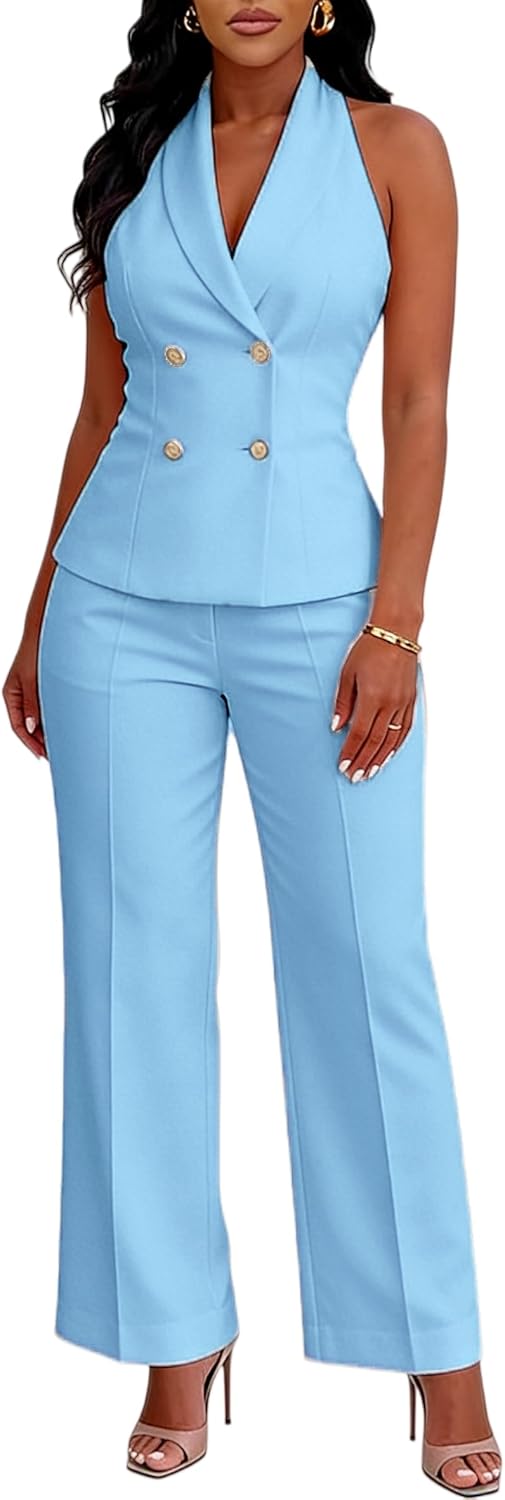 Women's 2 Piece Suits Pink Vest Blazer Set Double Breasted Vest Wide Leg Pants Business Casual Outfits