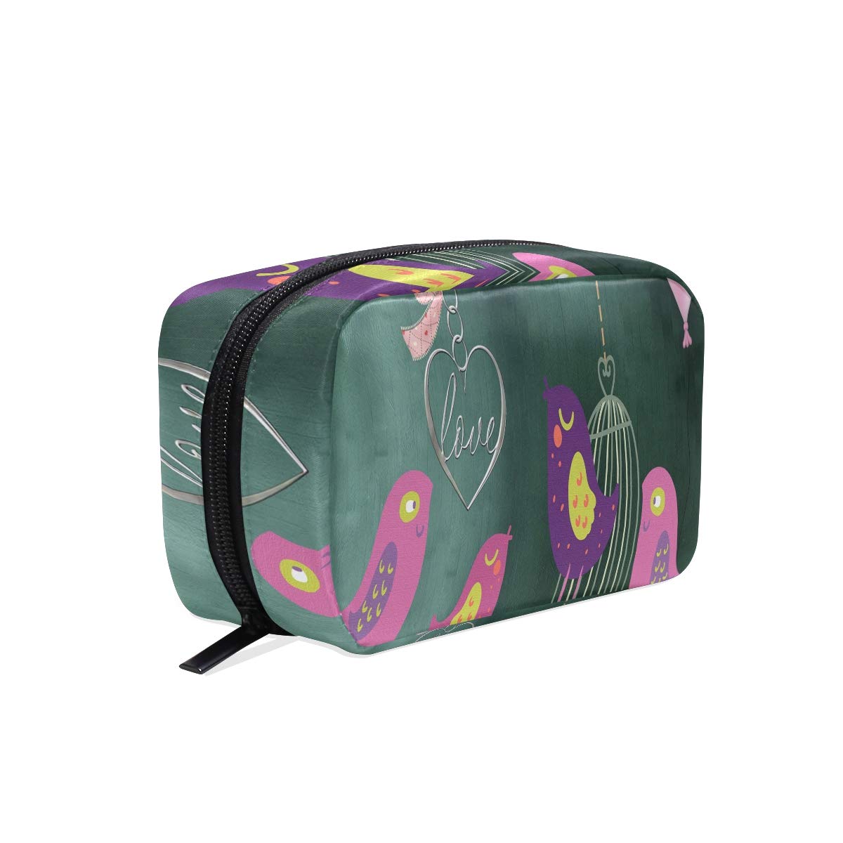 Valentine's Day Bird Love Pendant Cosmetic Bag Black Zipper Storage Bag Portable Ladies Travel Square Makeup Brushes Bag