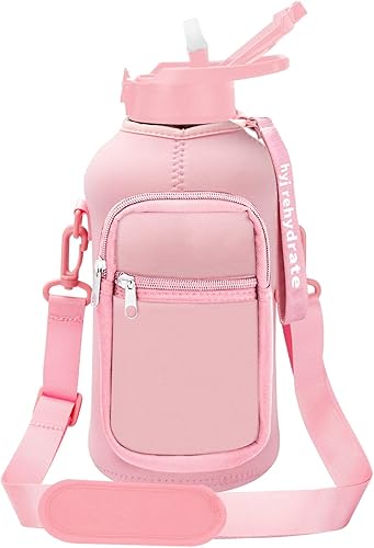 hyj rehydrate Botella de agua de medio galón de 22 litros con funda de almacenamiento y tapa de popote cubierta sin BPA reutilizable grande con asa
