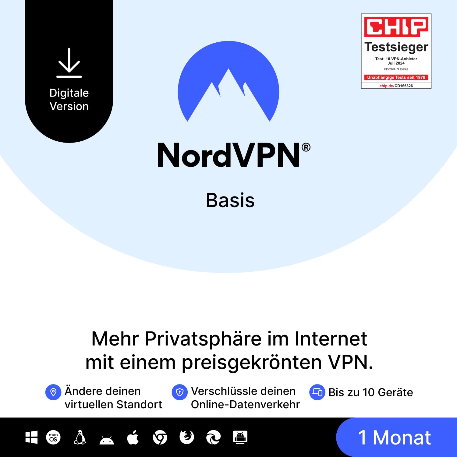 NordVPN Basis, 10 Geräte, 1 Monat, Premium-VPN-Software, Digitaler Code