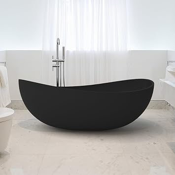 Freestanding 71 Inch Oval Bathtub Stone Resin Soaking Bathtub with Center Drain Black