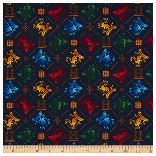 Harry Potter Stand Together Illustrated Houses Indigo Fabric by The Yard