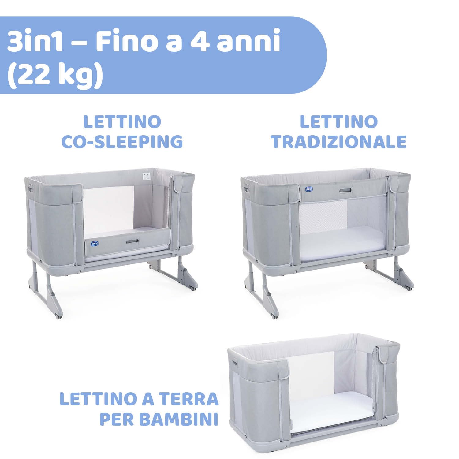 Chicco Next2Me Forever, Culla Neonato Fianco Letto 3in1, Culla che Diventa Lettino Montessori, Fino a 4 Anni (22 Kg), Altezza Regolabile, Buona Circolazione dell'Aria, 4 Ruote, Materasso incluso