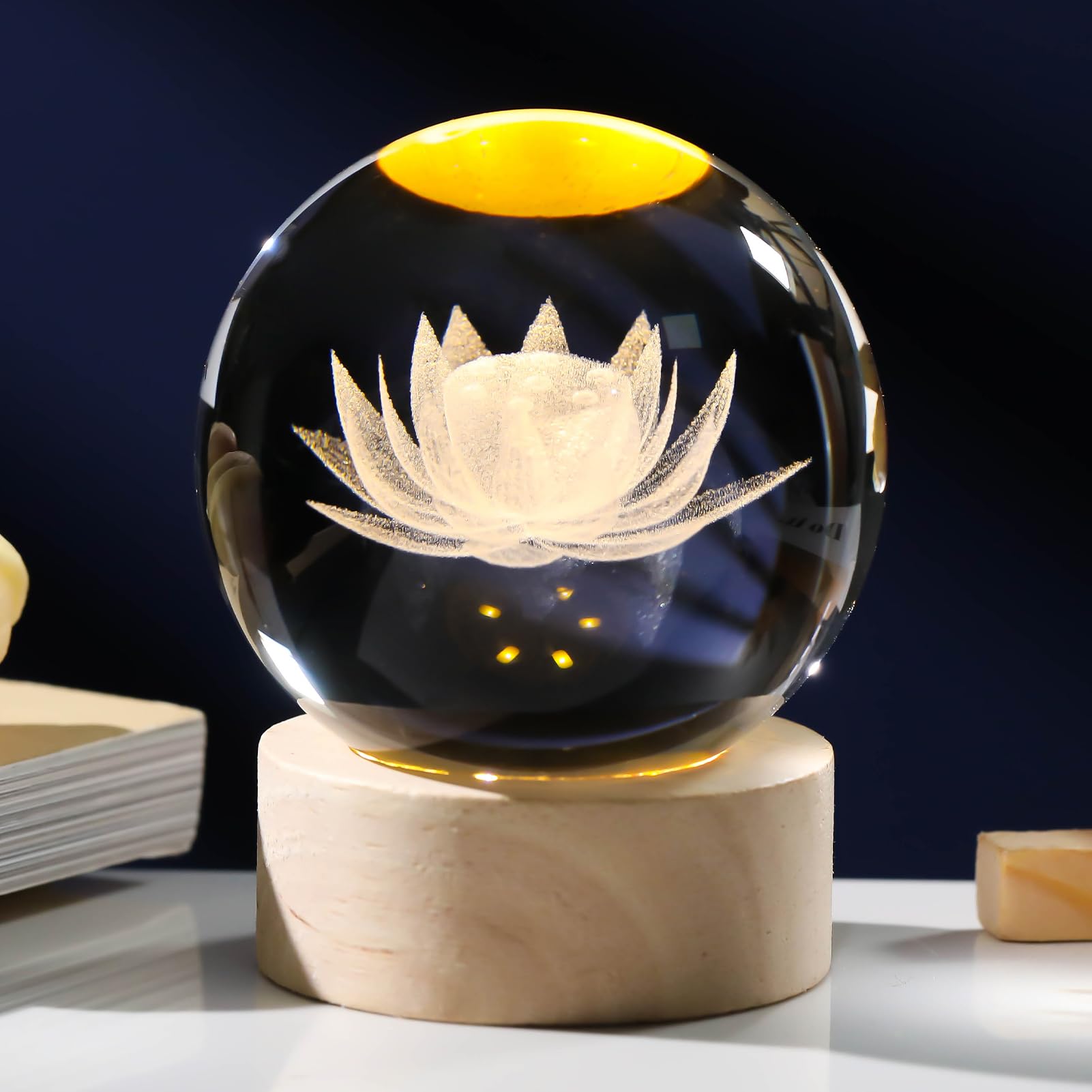 3D Engraving Lotus Flower Figurine Crystal Ball with Wooden Light Base, Glass Lotus Flower Lamp Gifts for Women Decorative Glass Ball Paperweight